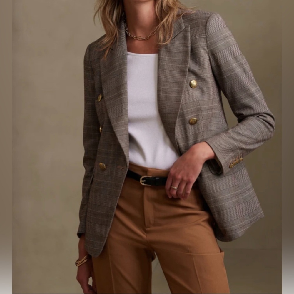 Banana Republic Plaid Icon Blazer Gold Buttons Size 4 Natural Stone